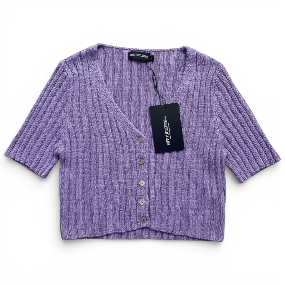 PrettyLittleThing Women's L Lilac Ribbed V-Neck Short Sleeve Skinny Fit Cardigan